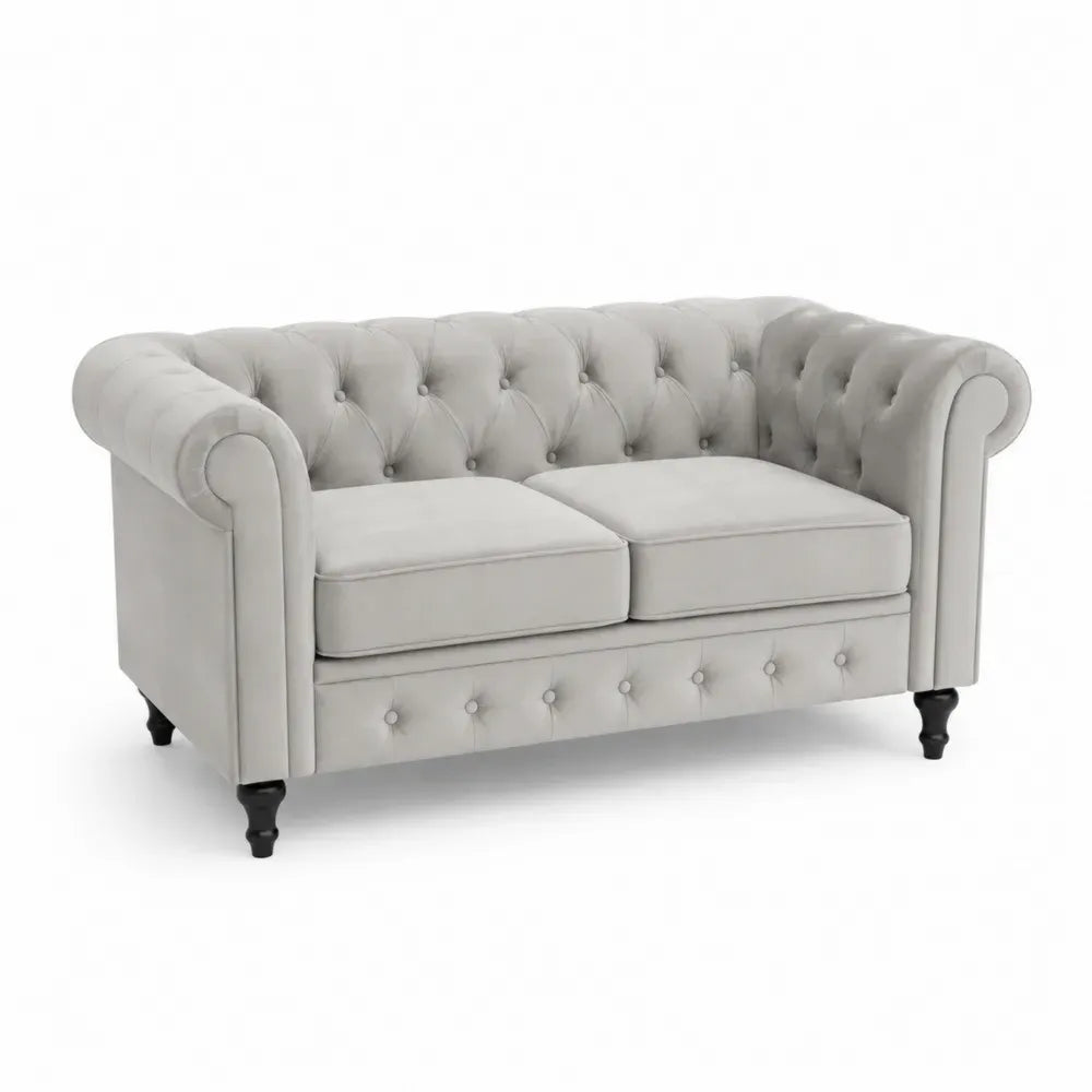 2-Sitzer Chesterfield Sofa mit Polyester-Samtbezug Kiefernholz Sperrholzrahmen gerollten Armlehnen Hellgrau Schwarz 165 x 86 x 75 cm