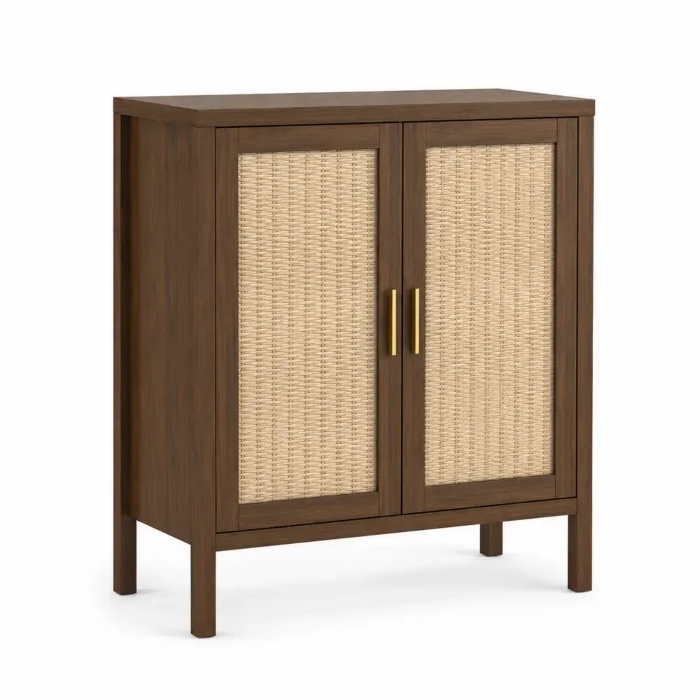 Sideboard Küchenschrank mit 2 Türen 80 x 40 x 95 cm MDF Rattangeflecht rechteckig Walnuss Natur Gold