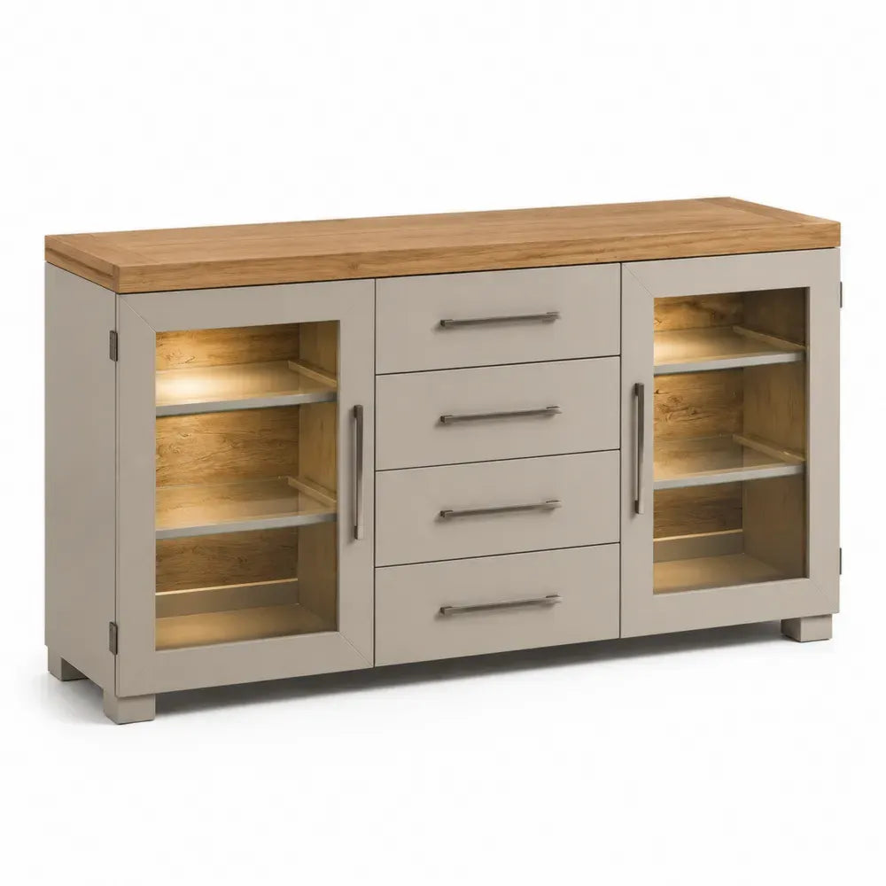 Sideboard Kommode mit LED Beleuchtung 2 Glastüren und 4 Schubladen MDF Spanplatte Klarglas rechteckig Taupe Eichefarben 160 x 40 x 85 cm