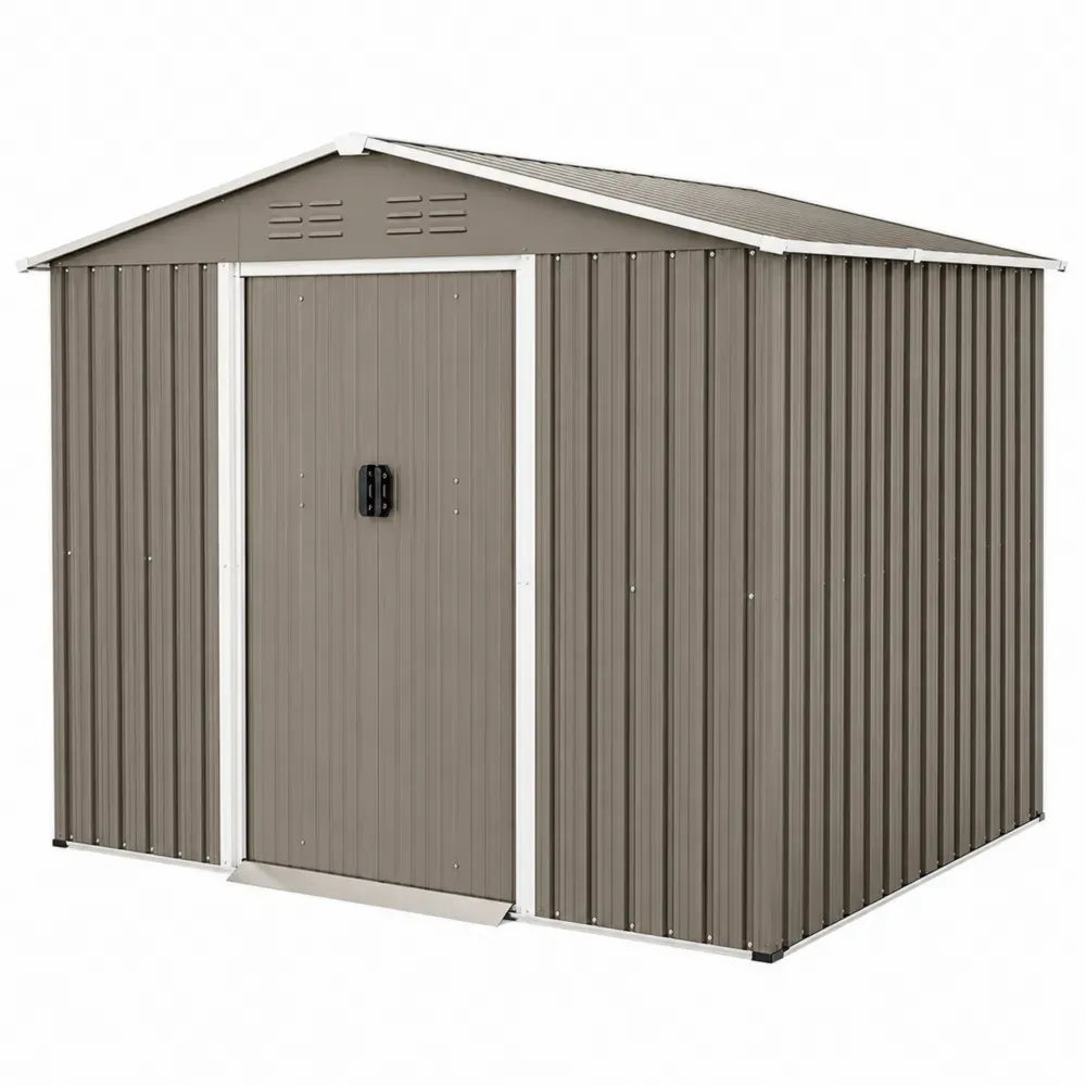 Gerätehaus Gartenschuppen mit Doppelschiebetür verzinktes Stahlblech rechteckig Satteldach Taupe Weiß Schwarz 257 x 205 x 202 cm