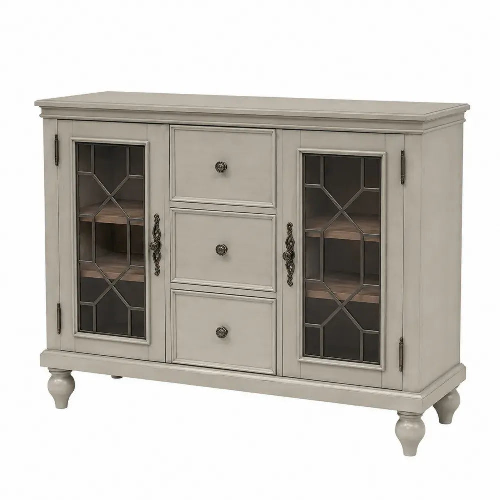 Sideboard Buffetschrank mit 2 Glastüren 3 Schubladen 120 x 40 x 90 cm MDF gehärtetes Glas rechteckig Cremegrau Bronze Transparent