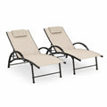 2er Set Gartenliegen Sonnenliegen mit Armlehnen pulverbeschichteter Stahl PVC beschichtetes Polyestergewebe Beige Schwarz je 165 x 64 x 94 cm