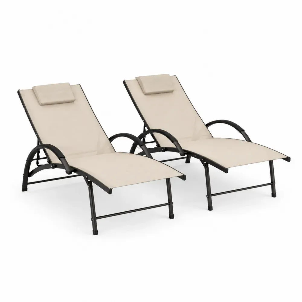 2er Set Gartenliegen Sonnenliegen mit Armlehnen pulverbeschichteter Stahl PVC beschichtetes Polyestergewebe Beige Schwarz je 165 x 64 x 94 cm