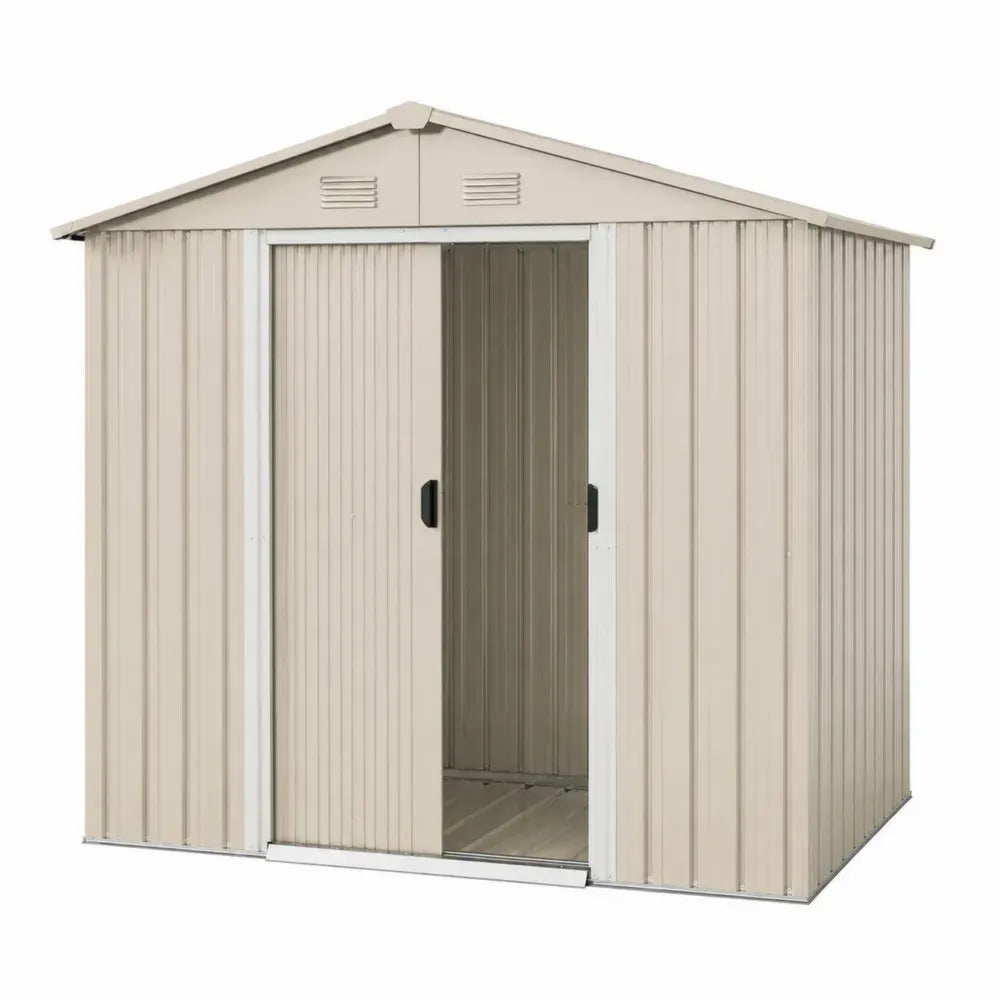 Geräteschuppen Gartenhaus mit Doppelschiebetür verzinktem Stahlblech rechteckig beige weiß 257 x 205 x 178 cm