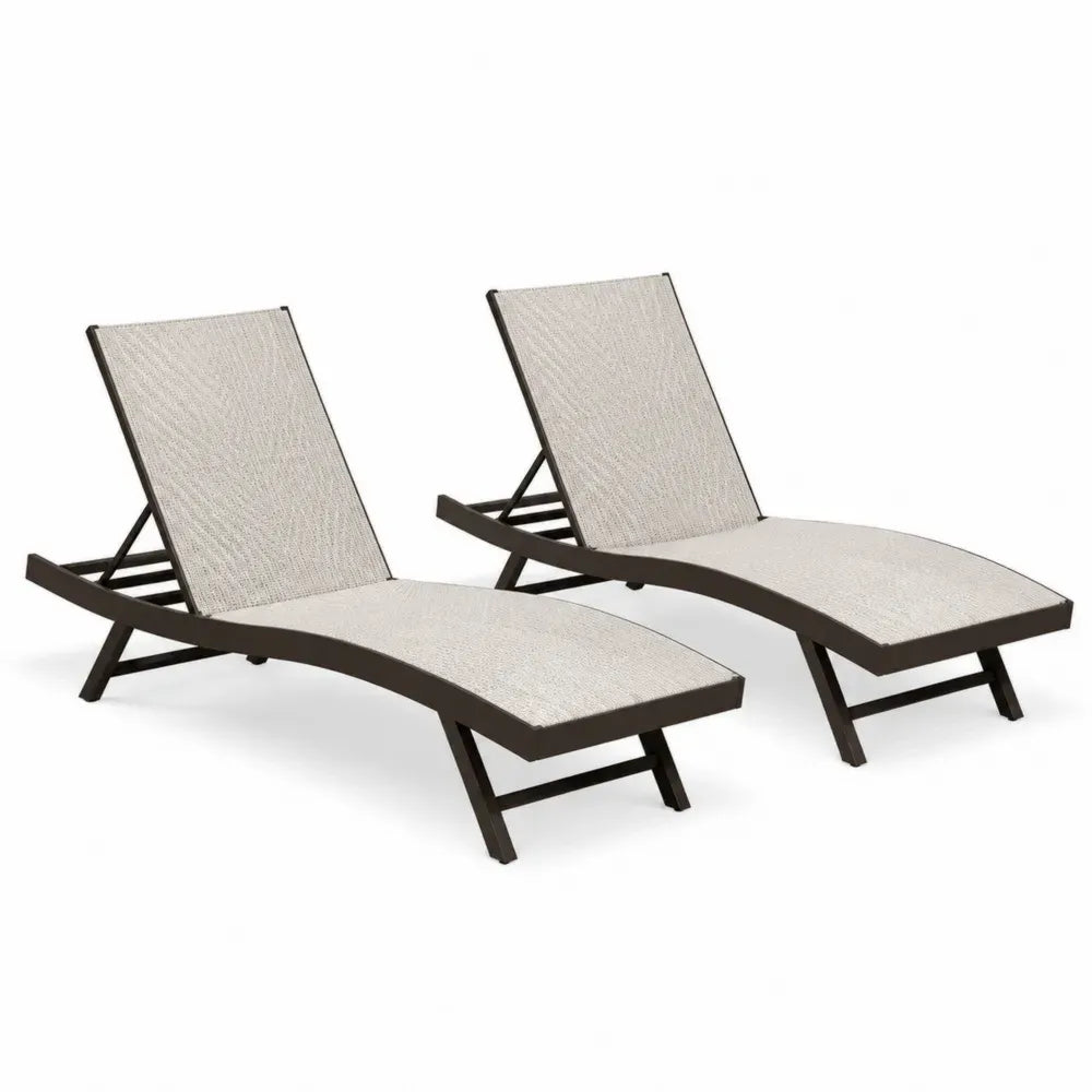 2er Set Sonnenliegen Gartenliegen geschwungen je 198 x 64 x 86 cm pulverbeschichteter Stahl und Polyethylen-Rattan Beige Dunkelbraun