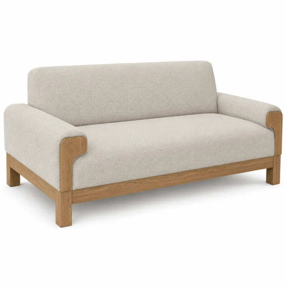 2-Sitzer Sofa mit Armlehnen beigem Polyester-Bouclé naturbraunem Kautschukholzgestell rechteckig 180 x 80 x 78 cm