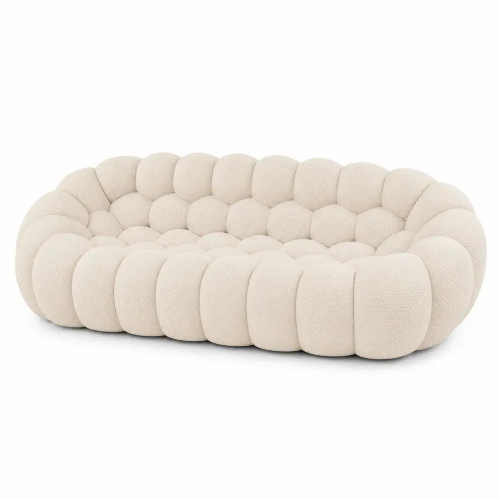 3-Sitzer Sofa in Muschelform mit Bouclé Polyesterbezug oval Cremeweiß 240 x 105 x 72 cm