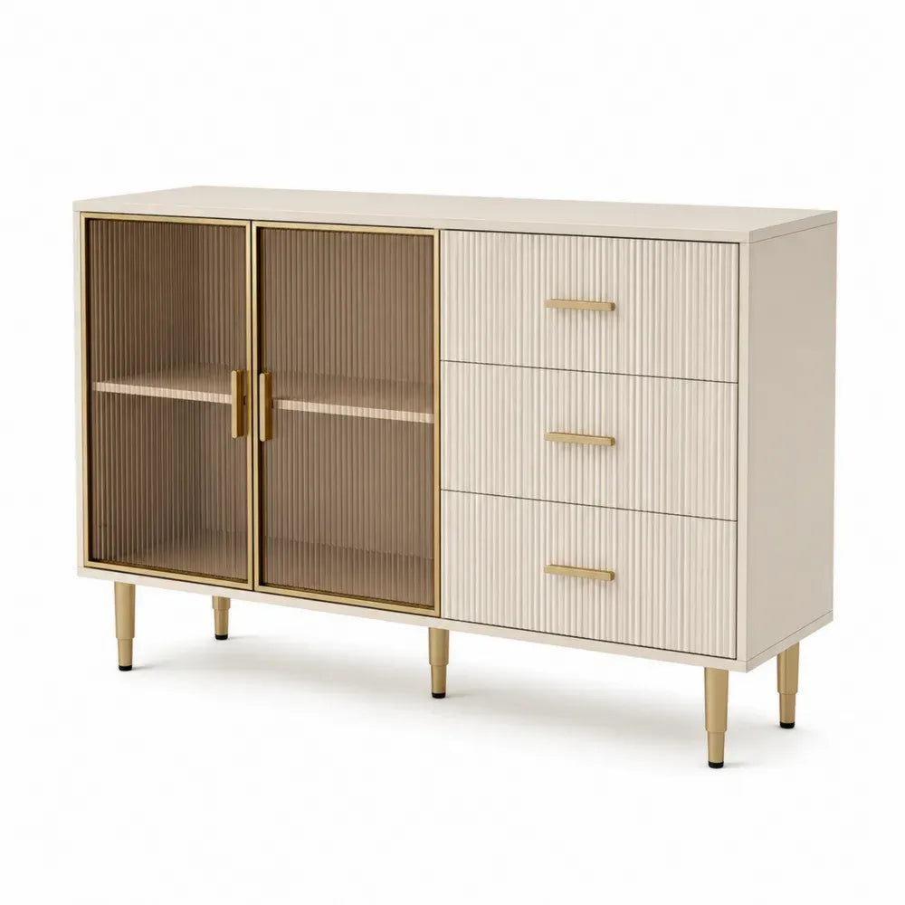 Sideboard mit 2 Türen 3 Schubladen 120 x 40 x 82 cm MDF geriffeltes gehärtetes Glas Stahl rechteckig Creme Gold Braun Schwarz