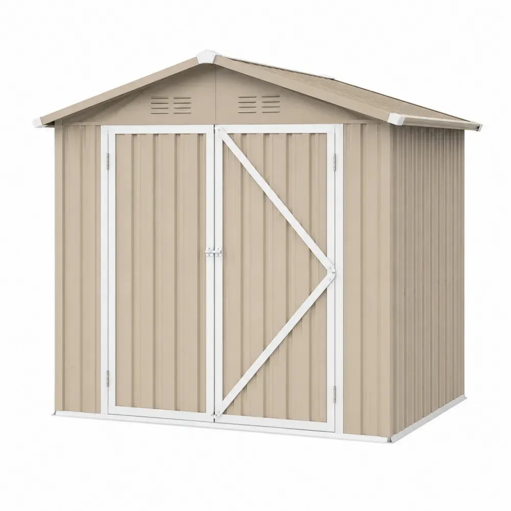 Gerätehaus Gartenschuppen mit Doppeltür verzinktes Stahlblech rechteckig Satteldach Beige Weiß Silberfarben 277 x 319 x 202 cm