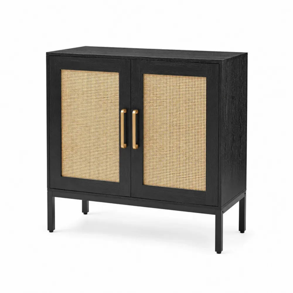 Sideboard mit 2 Türen 80 x 40 x 82 cm MDF Rattangeflecht Stahlgestell rechteckig Schwarz Natur Gold