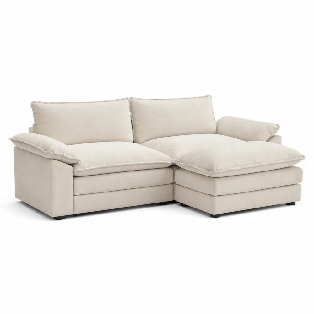 Ecksofa in L-Form 3-Sitzer mit Recamiere rechts beigem Polyesterbezug Polyurethanschaumpolster Holzrahmen 235 x 155 x 86 cm