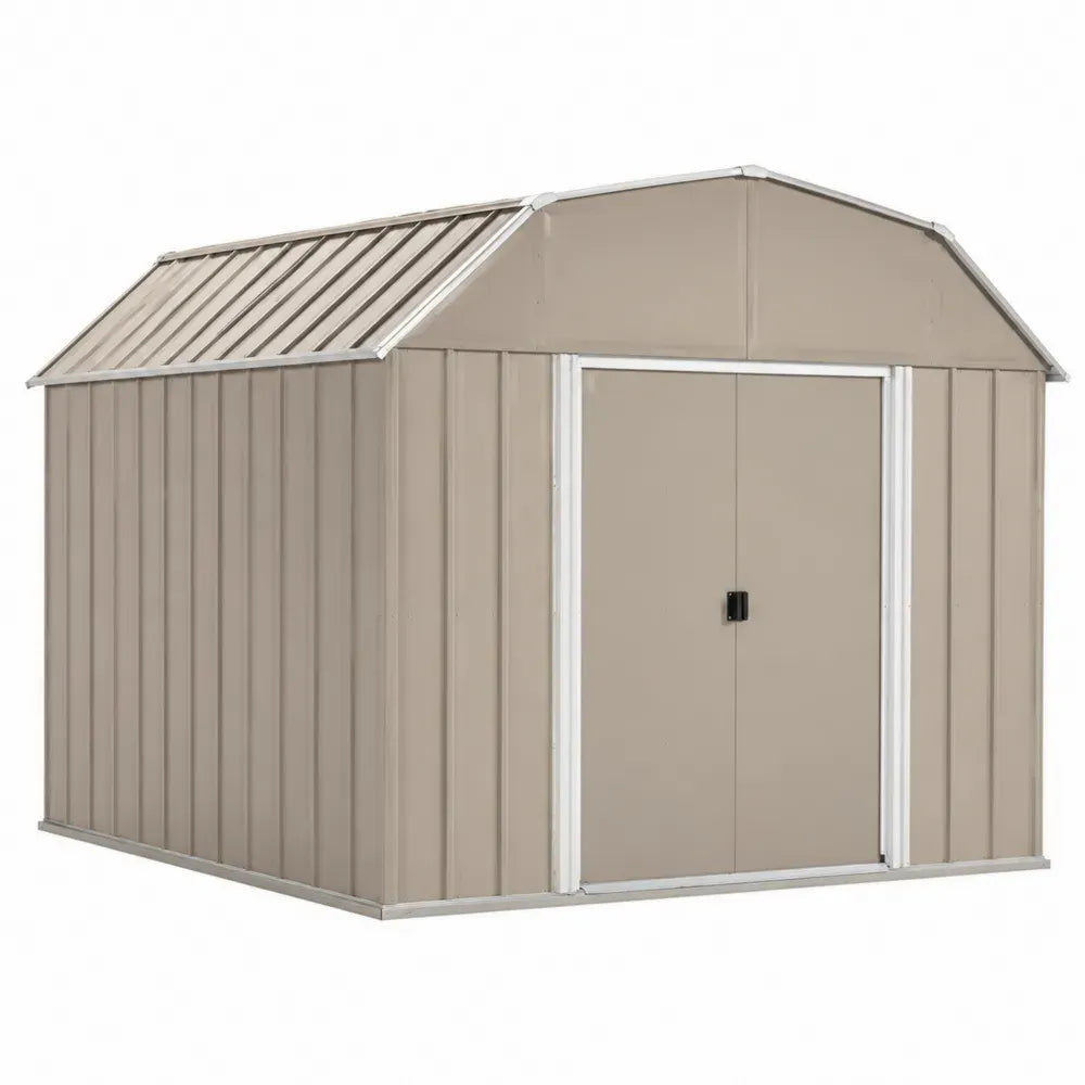 Gerätehaus Gartenschuppen mit Doppelschiebetür verzinktem Stahlblech Mansarddach beige weiß 277 x 319 x 217 cm