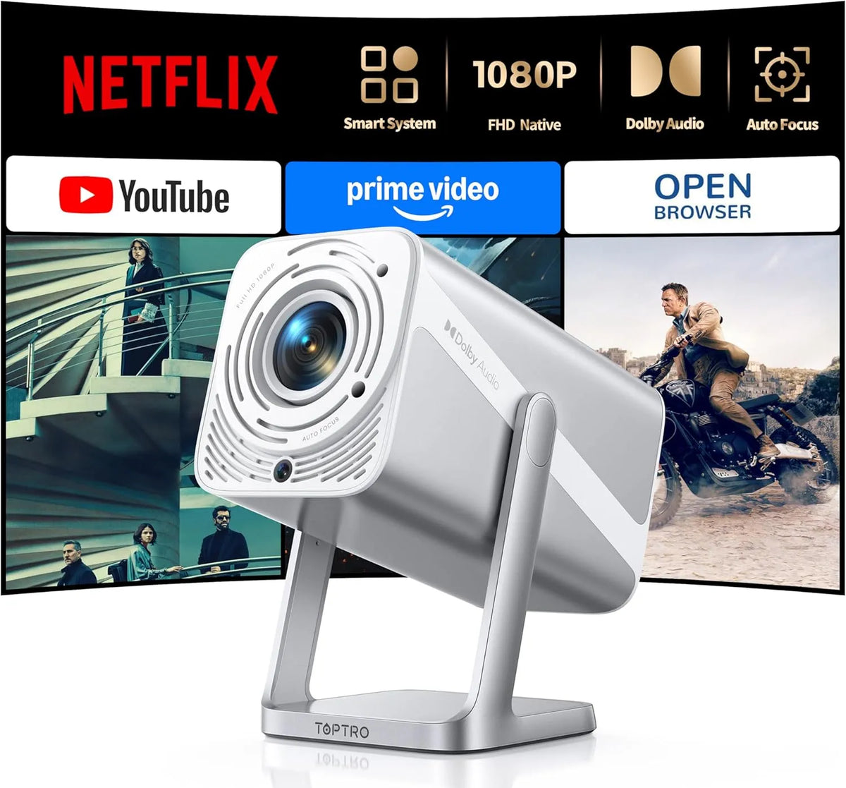 Projektor 1080P 600ANSI, tragbar, Outdoor, WLAN, Bluetooth, Dolby Audio, 4K UHD, Full HD, Beamer, Smart Beamer, Auto Vertikale Trapezkorrektur mit