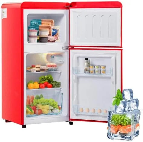 Kühlschrank, 60 L, Energieklasse E, Gefrierfach, 2 Temperaturzonen, Rot, LED-Licht, 38L Kühlfach, 7 Temperaturstufen, 60L Gesamtvolumen, Kompakt