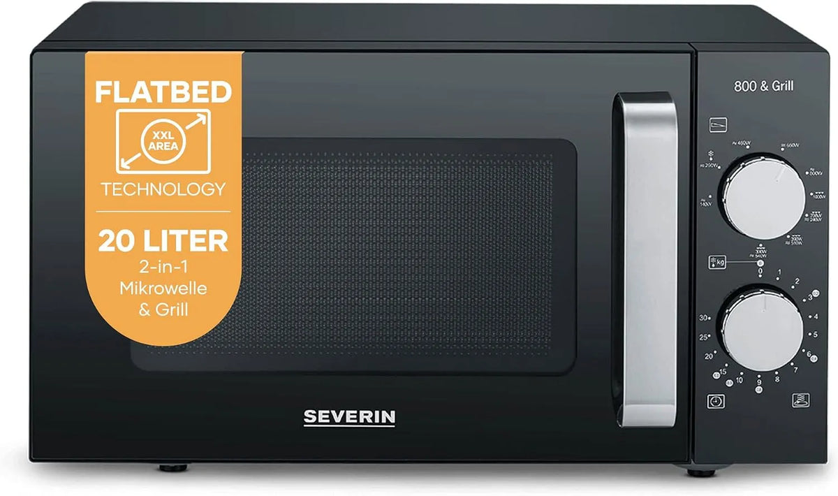 Severin 2-in-1 Mikrowelle, 20 L, Grill, Mikrowellenofen, Schwarz, statt Drehteller mit xxL-Nutzfläche für eckiges Geschirr, MW 7762, 2 Ebenen