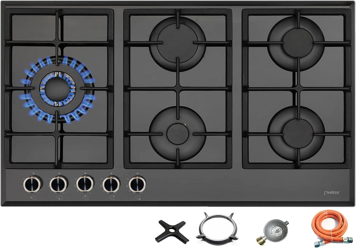 Gaskochfeld, Phönix PG-901LT, Einbau, freistehend, autark, Gaskocher, inkl. Gasschlauch-Regler Set