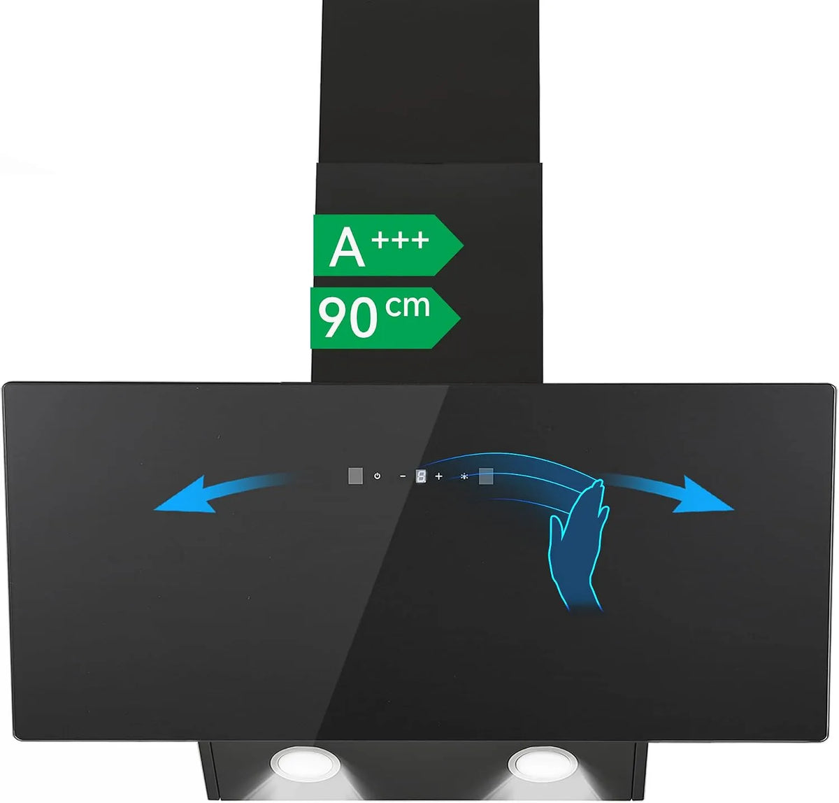 Dunstabzugshaube, 90 cm, 416 m3/h, 58 dB, Küchenhaube, kopffrei und schräg, Abluft- und Umluftbetrieb, Boost, Touch-Bedienung, leise, Schwarz, LED