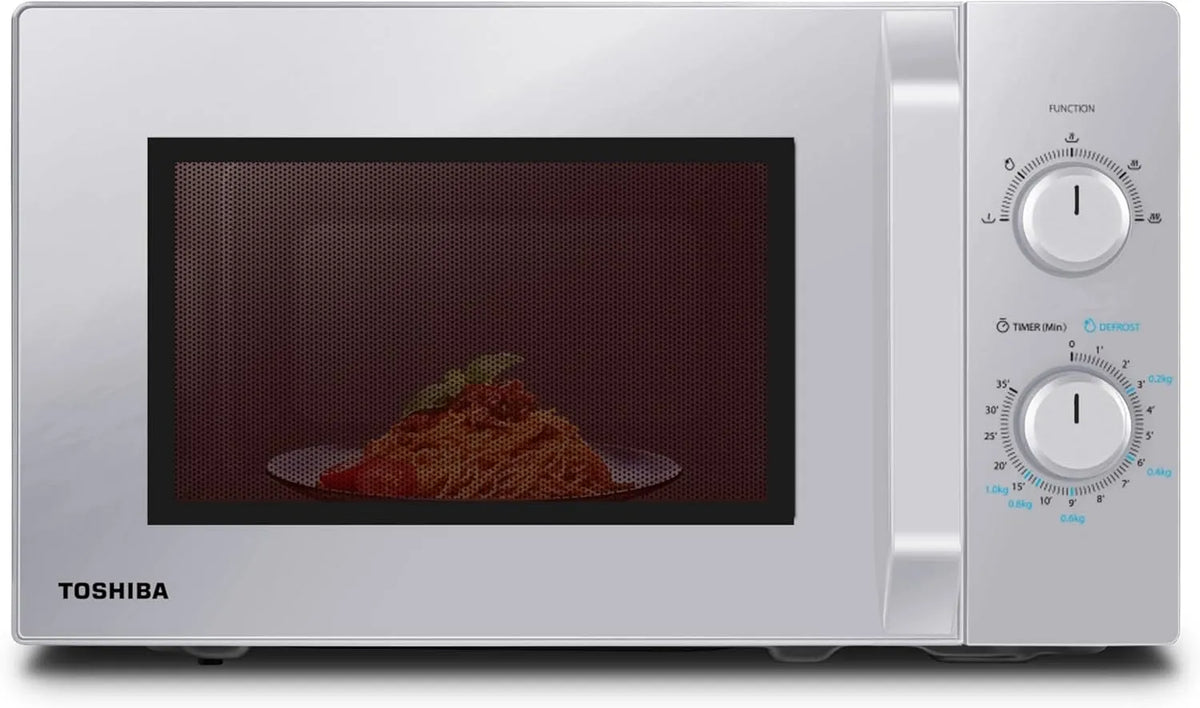 Toshiba MW2-MM20PF Mikrowelle, 20 L, 800 W, freistehend, LED-Beleuchtung, Auftaufunktion, Mikrowellenofen, Silber, 5 Leistungsstufen mit praktischer