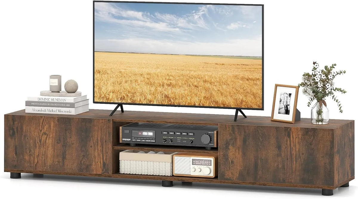 Braun TV-Möbel, 70 Zoll, 160 x 35 x 30 cm, Wohnzimmergestaltung, Fernsehschrank mit 2 Türen und 2 offenen Regalen, Schlafzimmer