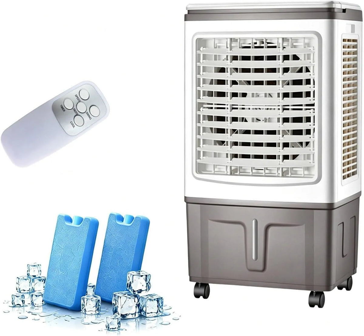 Produkt 40 Liter, Tragbarer Verdunstungskühler, mit Fernbedienung, Timer von 0 bis 7, 5 Stunden und Rollen, 33, für Häuser, Geschäfte, Werkstätten