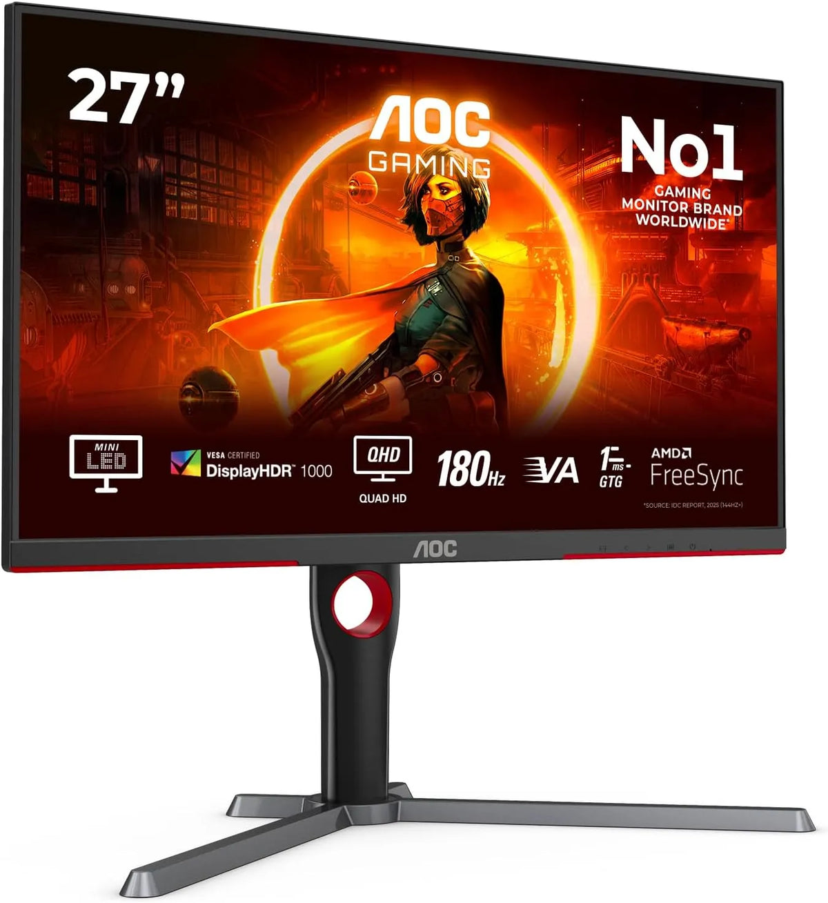 Monitor, 27 Zoll, 2560 × 1440, 1 ms, 180 Hz, AOC Q27G3xMN HDR1000, Gaming-Ausstattung, HDMI, PC-Bildschirm, Schwarz, 1 ms GtG, Display Port, FreeSync