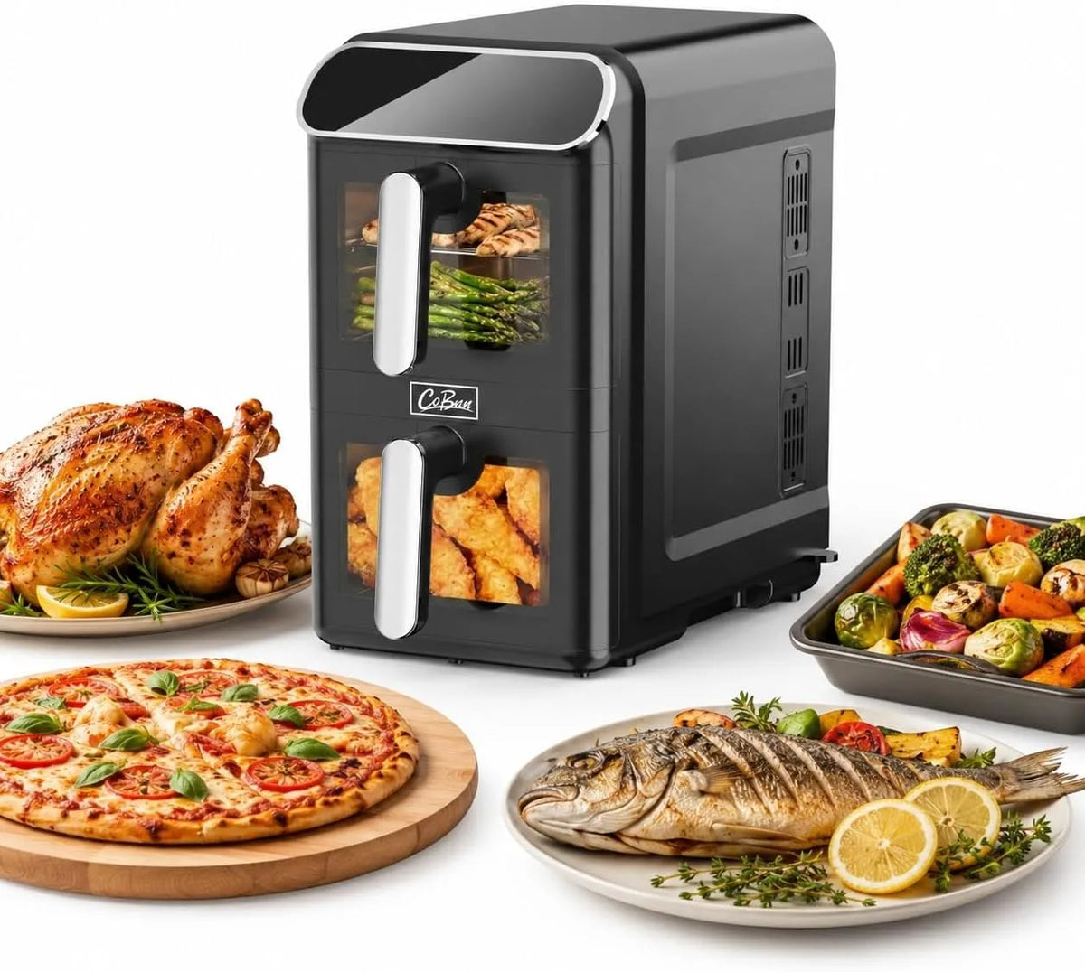 Geschirrspüler, 11 L, 2460 W, 9 Programme, Spülmaschine, Heißluftfritteuse 2 Kammern übereinander 11L, 5L Airfryer mit Sichtfenster, SYNC & DUAL
