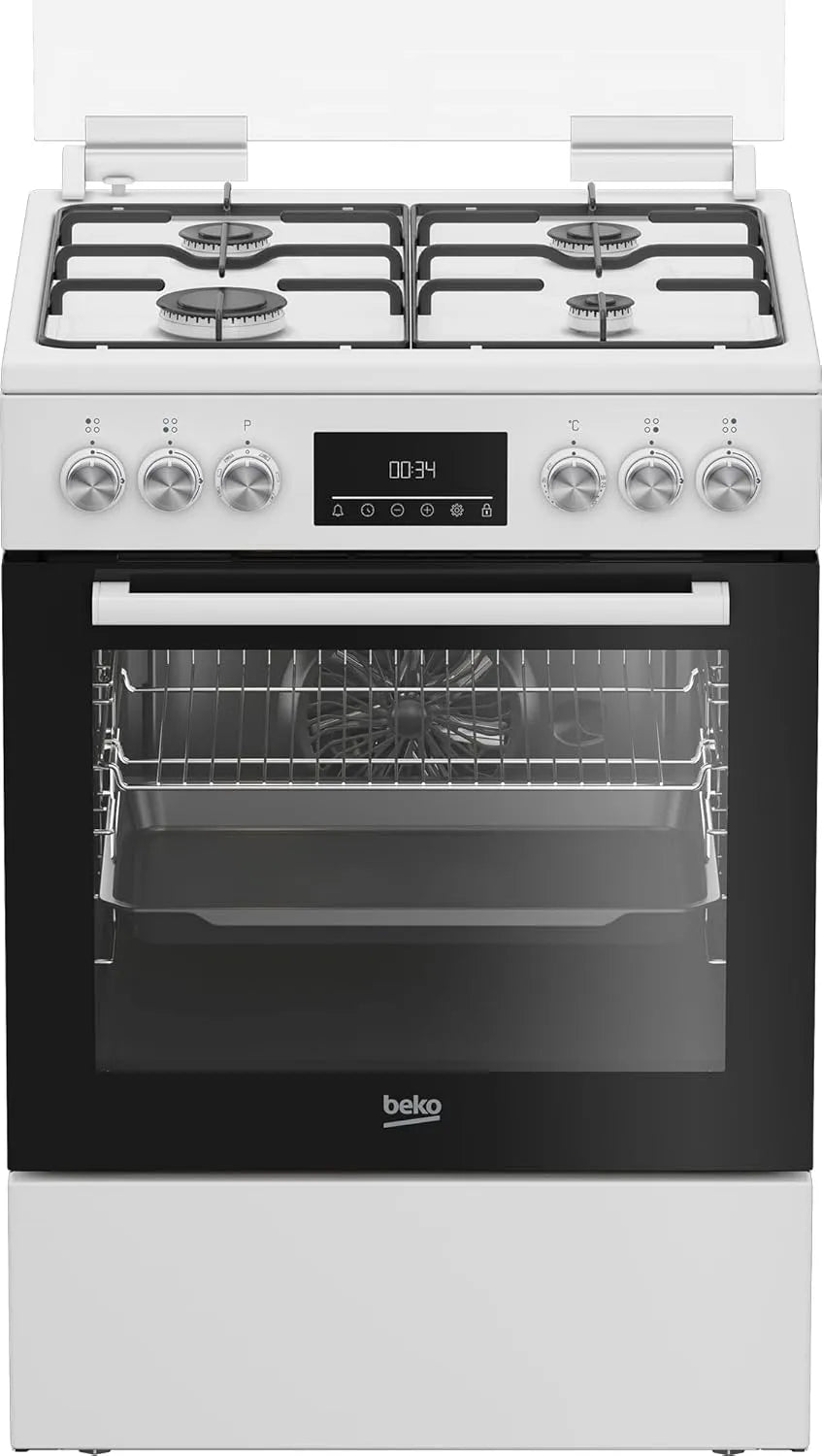 Beko FBM62320WDSL Gaskochfeld, 72 L, 4 Kochzonen, freistehend, Gaskocher, Weiß, 8 Heizarten, Multifunktionsofen mit Gaskochfeld, Seitengitter