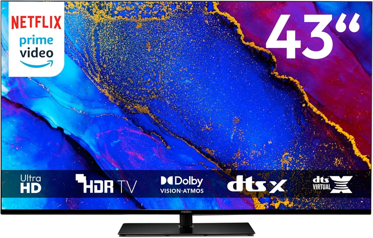 Google Smart TV, 43 Zoll, Fernseher, 4K UHD, HDR, Dolby Audio, Bluetooth, PVR-Aufnahme, MD 843400, MEDION 108 cm, Dolby Atmos, DTS x, kompatibel mit