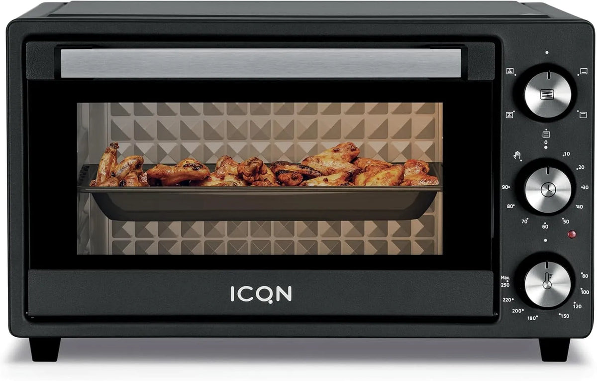 Elektrischer Pizzaofen 5GrillFunktion 90Min, 20 L, 1500 W, 80 bis 250 °C, Timer, IQ M2051R02N 1AA, Backblech, Grill, Krümelblech, ICQN Minibackofen