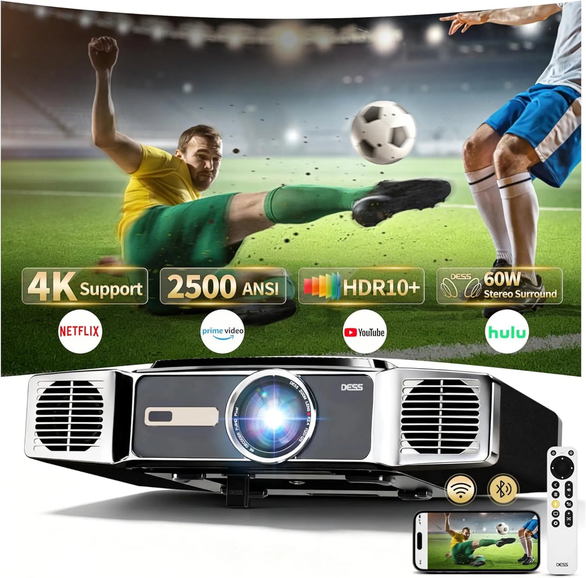 Smart TV, Fernseher, 4K UHD, WLAN, Schwarz, Wi-Fi 6 Tageslicht Beamer für Heimkino & Gaming, Dual 60W Lautsprecher, DESS C5 Enterprise GTV 4K Beamer