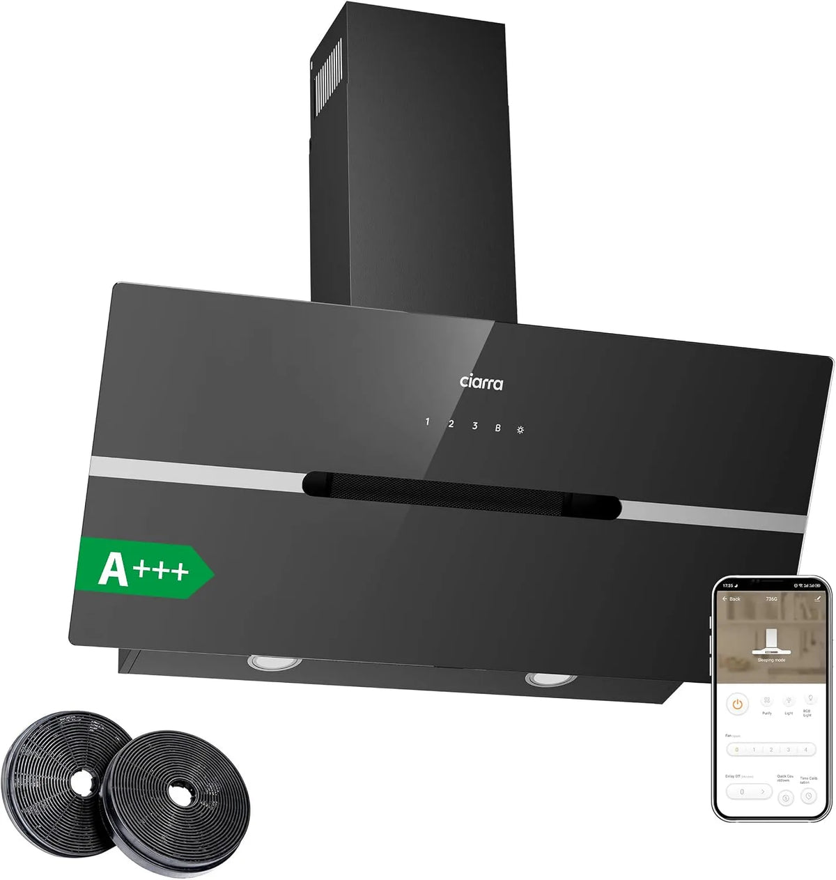 CIARRA AWB9736F CBCF003 Dunstabzugshaube, 90cm, 650 m3/h, Küchenhaube, kopffrei und schräg, Abluft- und Umluftbetrieb, Boost, Touch-Bedienung