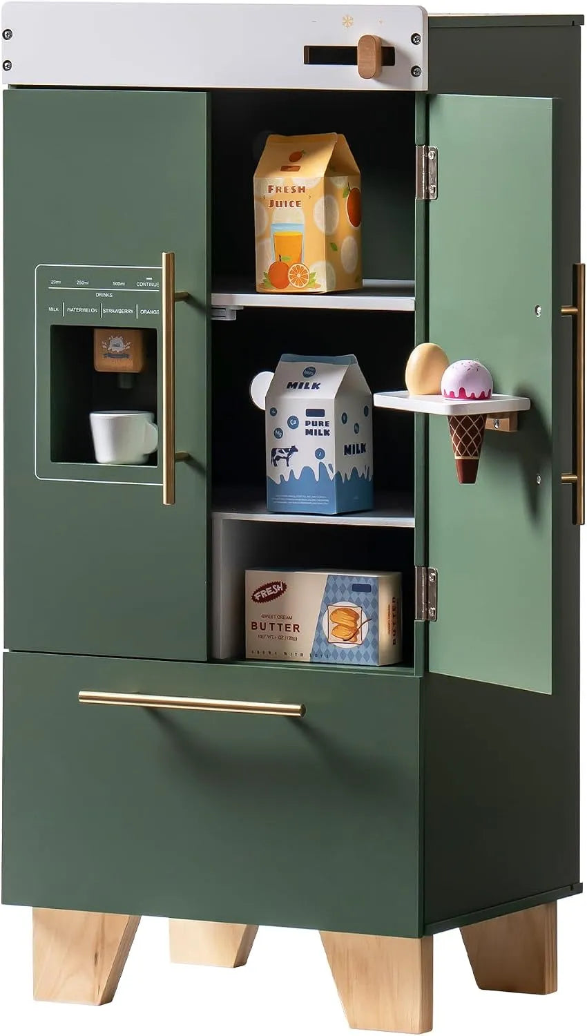Kühlschrank, Grün, Vintage Grün, Spielküchen Geschenkset, Spiel Kühlschrank für Jungen & Mädchen ab 3 Jahren