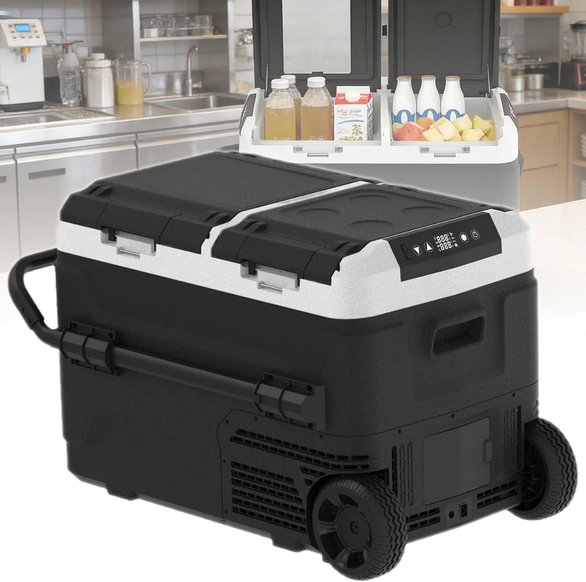 Elektrische Kühlbox 12, 24V 100-240V, 50 L, 24 V, Transportrollen, App, Gefrierfach, Auto, Camping, mobile Kühlbox, -20°C~20°C 50L, Kompressor Kühlbox