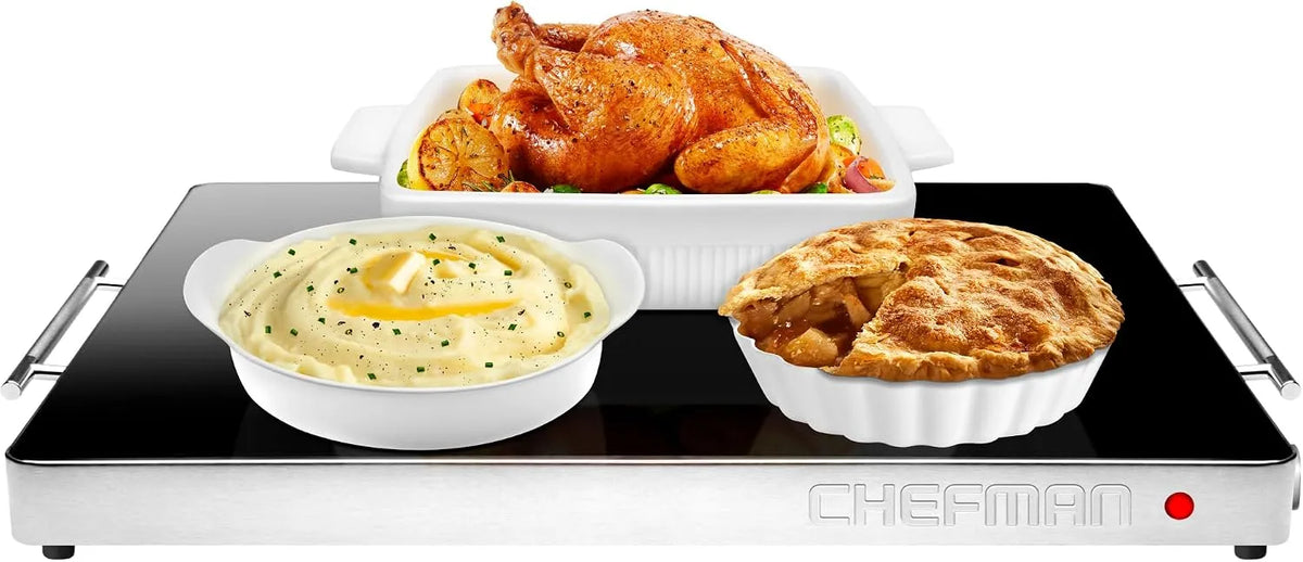 Produkt für Buffets, Chefman Elektrische Warmhalteplatte mit Einstellbarer Temperatur, Restaurants, Partys, Große 53 x 41 cm Oberfläche, Glasplatte