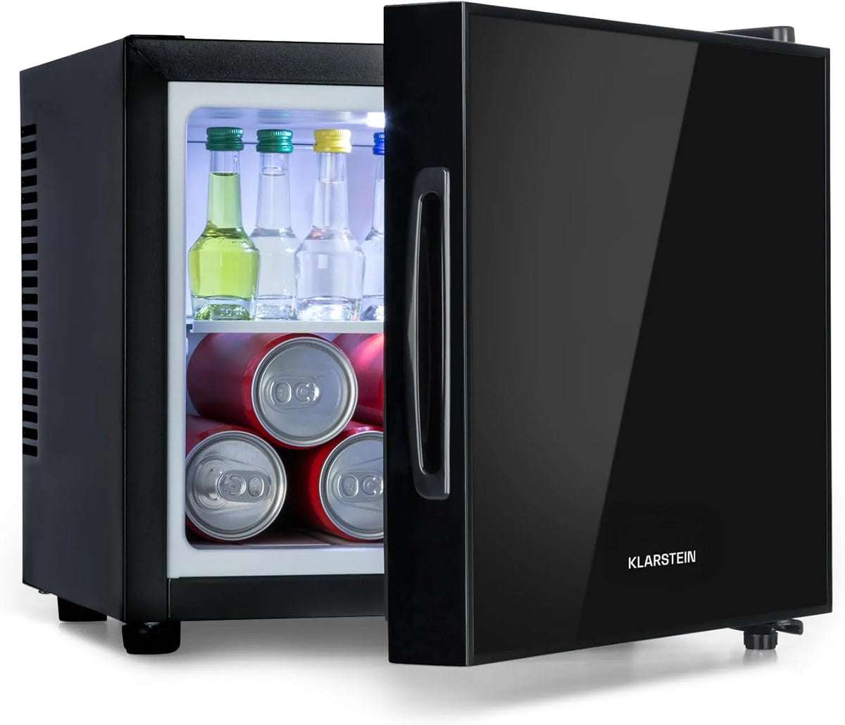 Klarstein Kühlschrank, 9 L, 33, 5 x 30 x 34 cm, 5 bis 15 °C, freistehend, Schwarz, kompakte Minibar mit Thermoelektrischem Kühlsystem, BxHxT