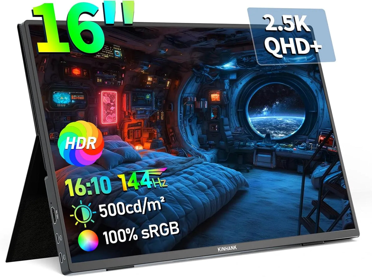 Monitor 2.5K Laptop, PC, Mac, Phone, PS5, xbox, Switch, 16 Zoll, 144 Hz, Gaming-Ausstattung, tragbar, HDR, HDMI, USB