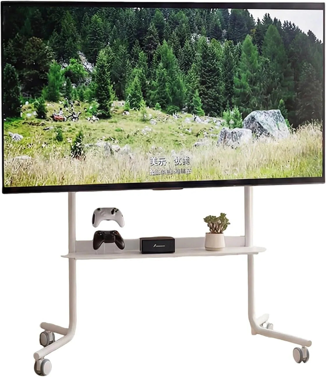 TV-Möbel, 77 Zoll, Transportrollen, Höhenverstellbarer Mobiler TV Standfuss mit Ablage, TV Ständer Rollbar, TV Bodenständer