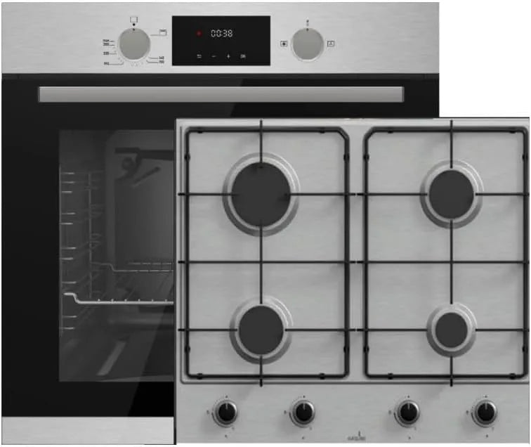 Herdset mit Kochfeld und Backofen, 60 cm, 69 L, Einbau, Edelstahl, 4 Brenner, 69 Liter