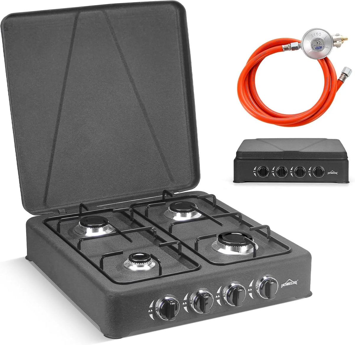 Campingkocher, 2 KW Gaskocher, HOMELUx 6, Blitzschwarz 4 Flammig Campingkocher mit Deckel