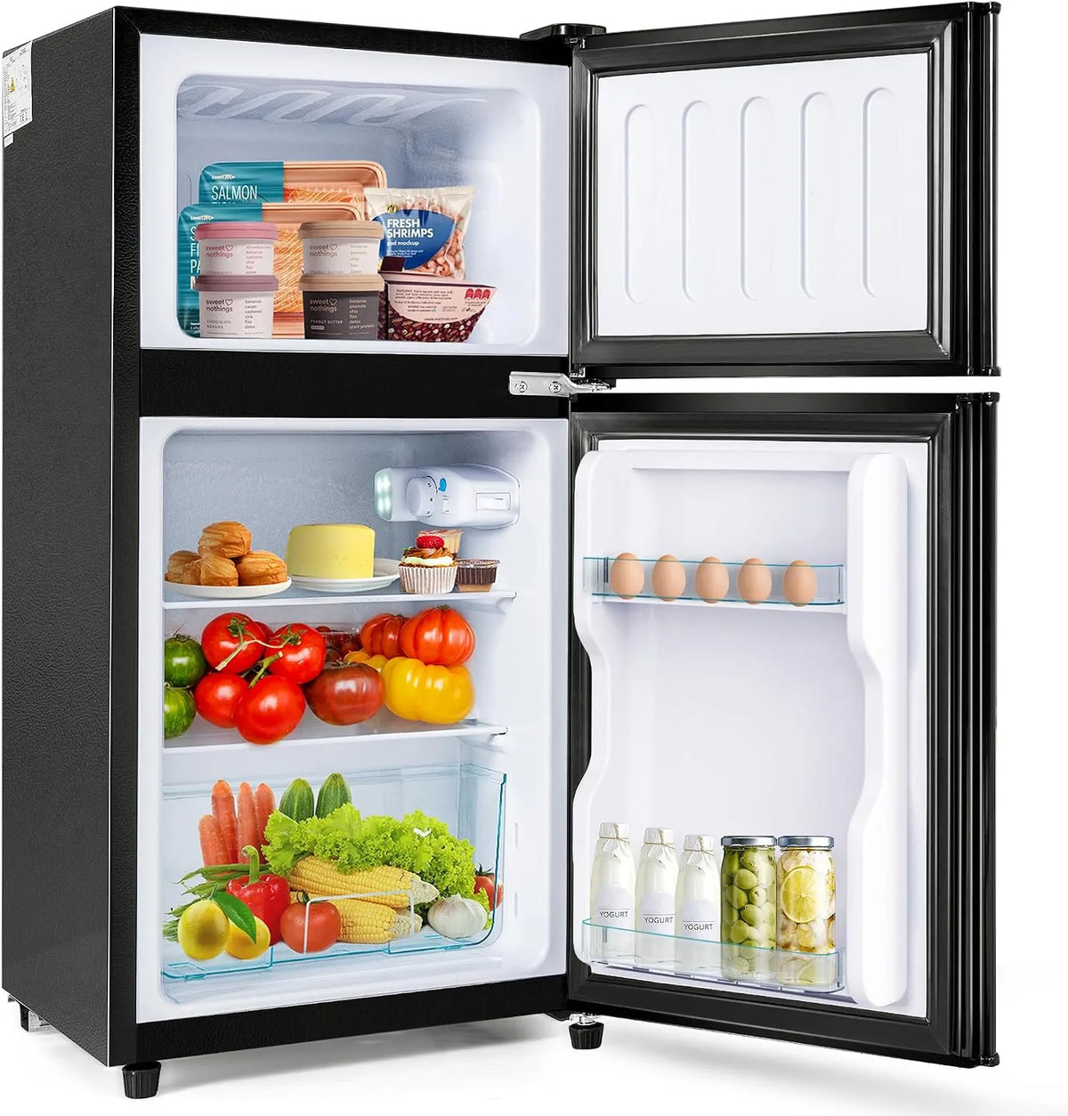 Kühl-Gefrierkombination, 60 L, Kühlschrank mit Gefrierfach, Schwarz, 102 kWh, Jahr, LED-Licht, 38 Liter Kühlvolumen, 22 Liter Gefriervolumen