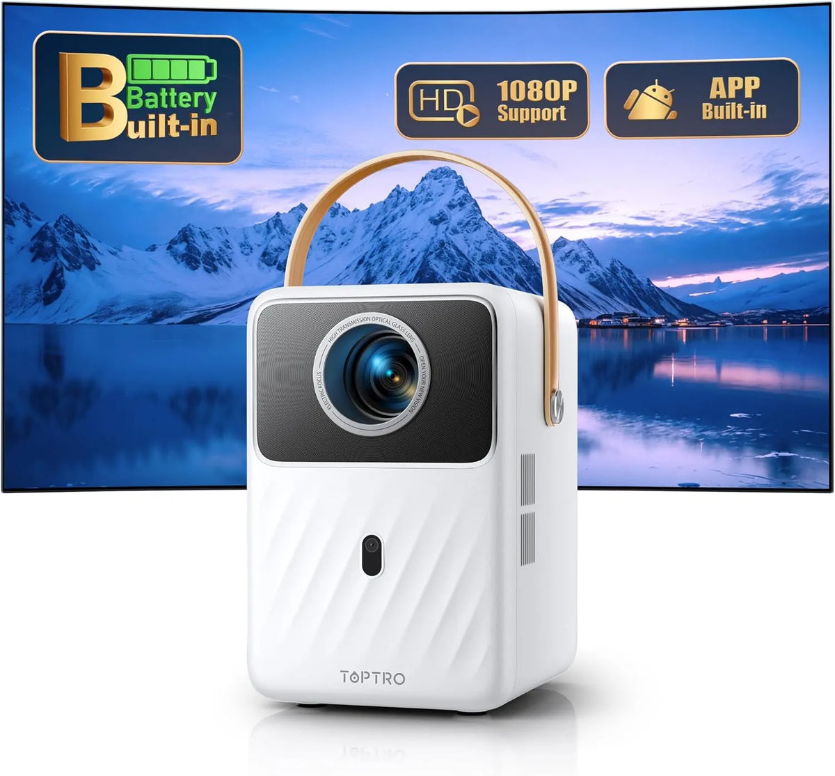 Smart TV 1080P 720P, Fernseher, USB, Outdoor, WLAN, Bluetooth, Android OS, Full HD, iOS, Mini Beamer【Eingebauter Akku & Android TV】 Toptro 1080P Full