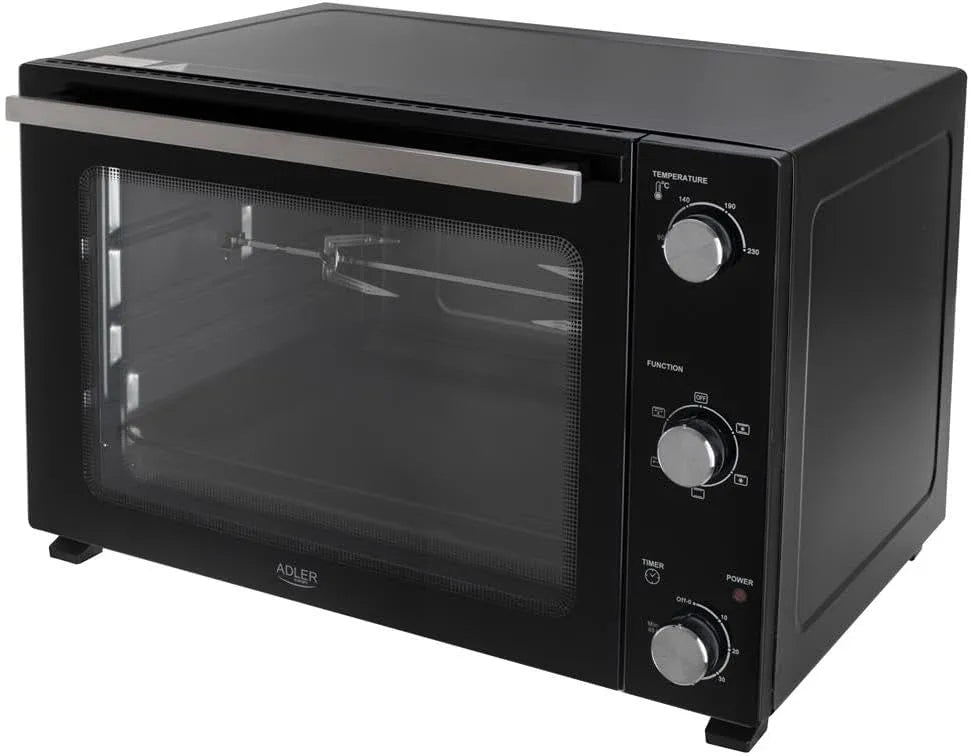 Backofen, 60 L, 2000 W, Timer, Grill, Glas, Schwarz, 5 Heizmodi, 2000W, Drehspieß
