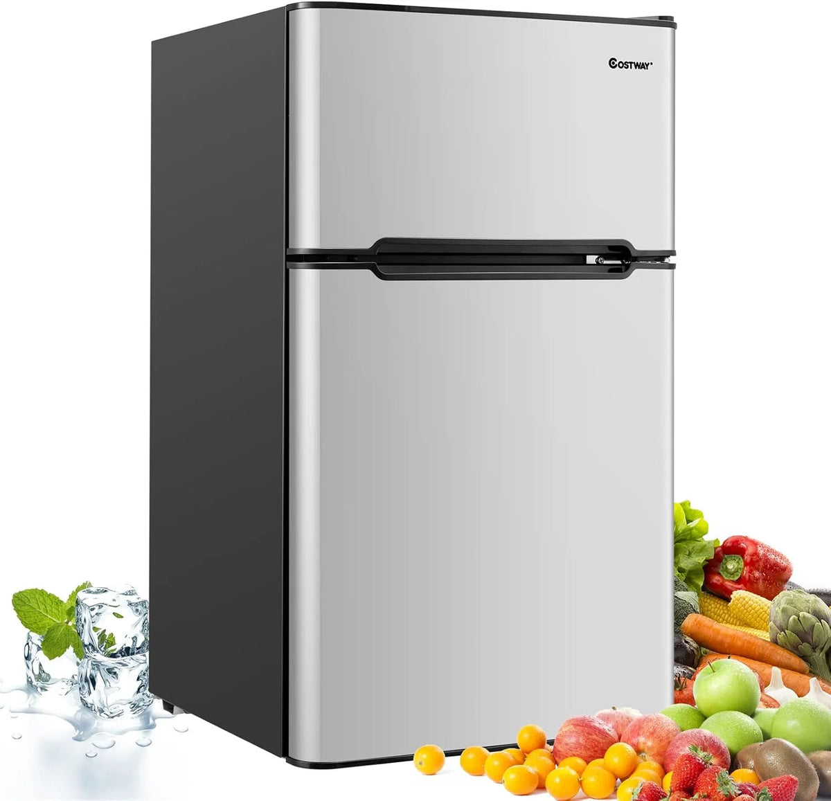 Kühl-Gefrierkombination, 90 L, Kühlschrank mit Gefrierfach, Grau, COSTWAY 90L Kühlschrank mit 27L Gefrierfach Kühl-Gefrier-Kombination