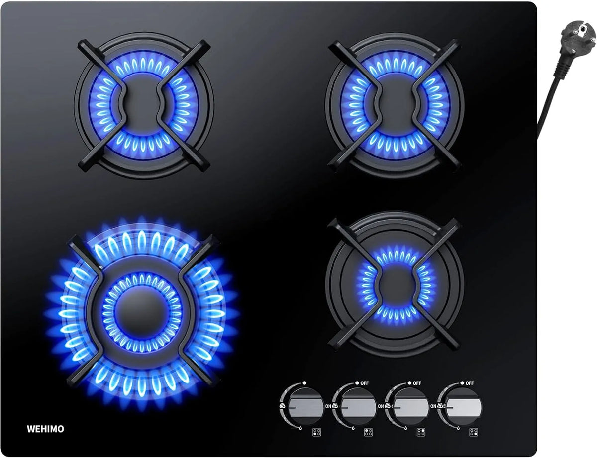 Gaskochfeld 3300W+1750W+1750W+1000W, 59cm, 4 Kochzonen, 7800/3300, 1750 W, Einbau, Gaskocher, WEHIMO Gaskochfeld 4 Flammig, 4 Zonen Gaskochfeld für