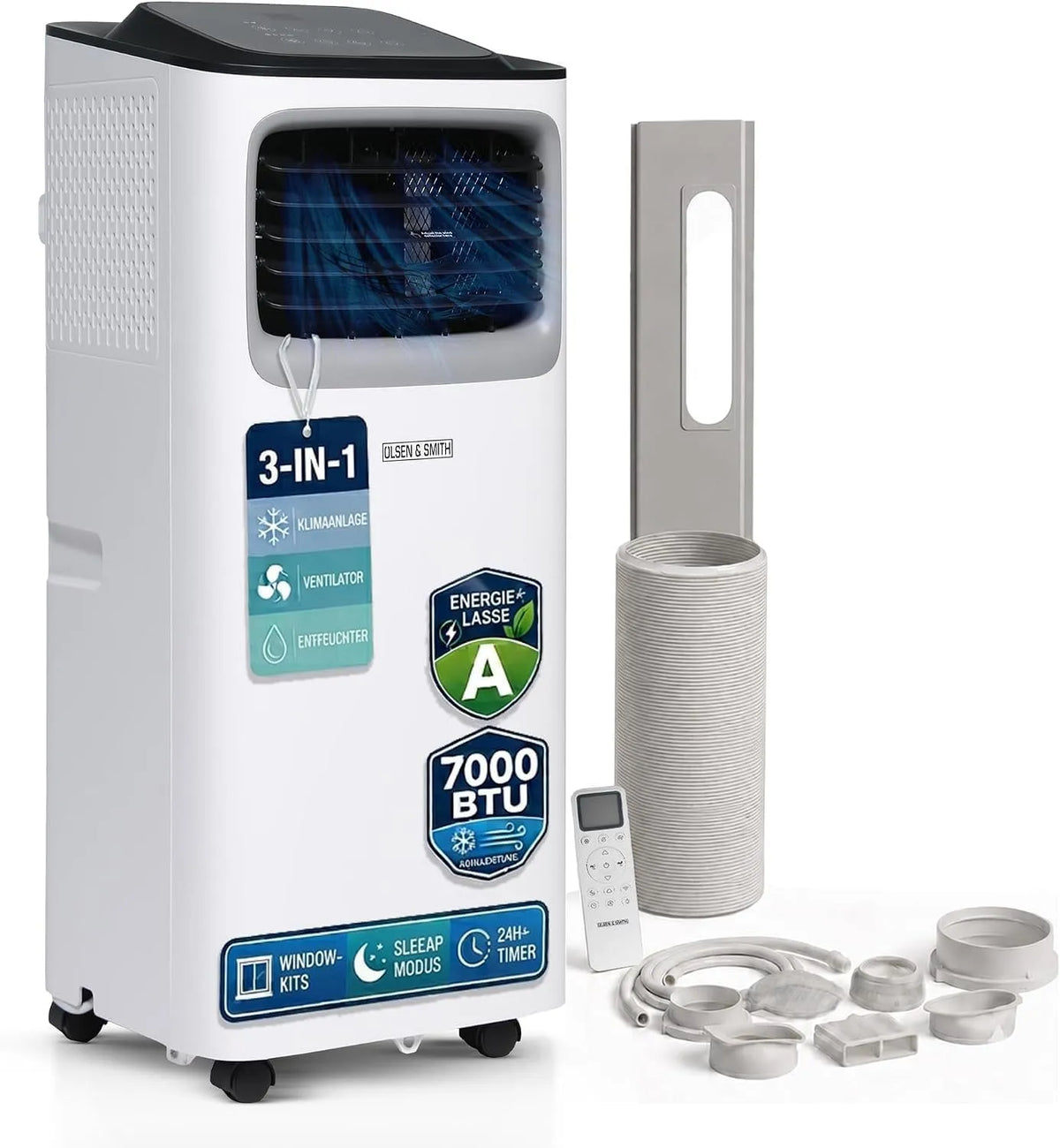 Klimaanlage 3-in-1, Olsen & Smith 7000 BTU Mobile Klimaanlage, 3-in-1 mit Abluftschlauch