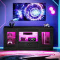 TV-Möbel, 55 Zoll, Concho, Wohnzimmergestaltung, Schwarz, Lowboard mit verstellbarem Glasregal, Fernsehtisch, Leuchten, Gaming-Entertainment-Center