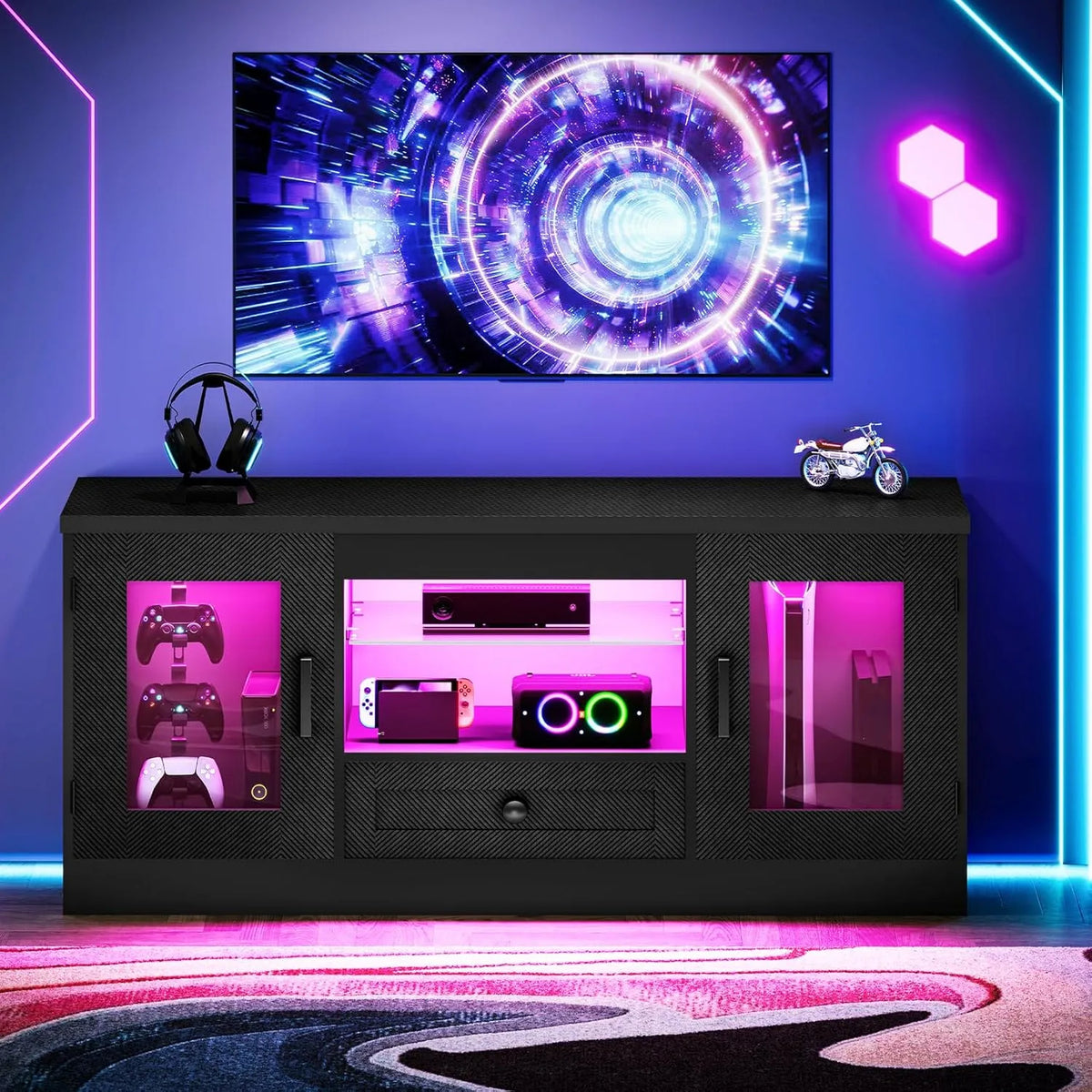 TV-Möbel, 55 Zoll, Concho, Wohnzimmergestaltung, Schwarz, Lowboard mit verstellbarem Glasregal, Fernsehtisch, Leuchten, Gaming-Entertainment-Center