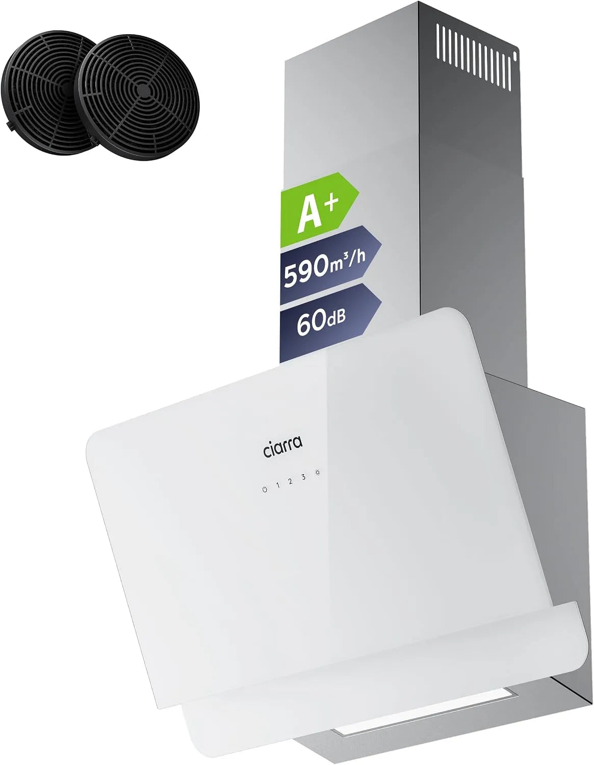 CIARRA CBCS6765C Dunstabzugshaube, 60 cm, 590 m3/h, Küchenhaube, kopffrei und schräg, Abluft- und Umluftbetrieb