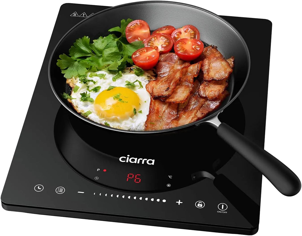 CIARRA CBTIH1 Induktionskochfeld, 2000 W, Induktionsplatte, Touch-Bedienung, Camping, 2 Temperaturzonen, Schwarz