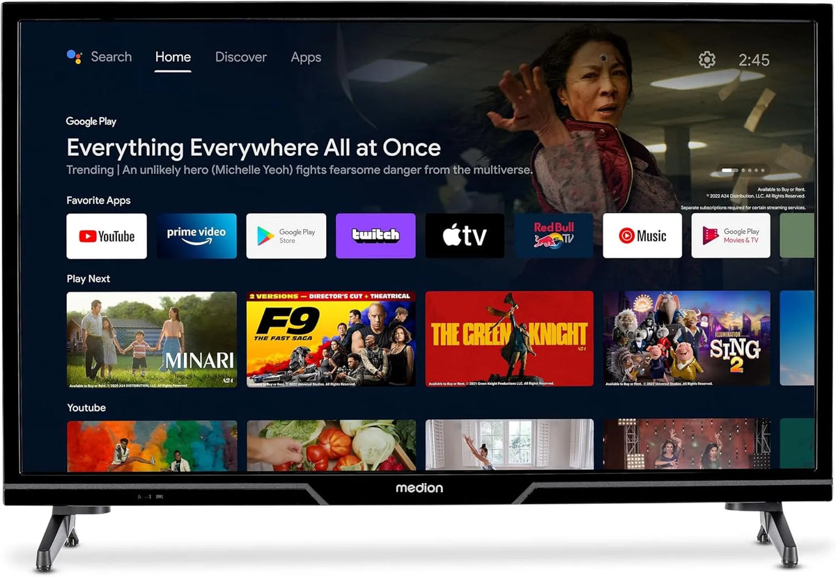 Smart TV, 24 Zoll, Fernseher, MEDION P12431, HDR, Bluetooth, Android OS, PVR-Aufnahme, MD 29240, 8 cm, 59, Netflix, Prime Video
